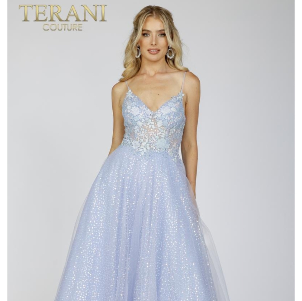 Terani Couture Blue Embellished Bustier Prom Gown Size 18